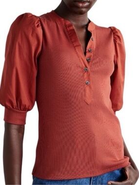 Veronica Beard Puff-Sleeve Henley Top in Rust